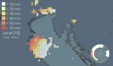 Lightning map: a storm over Italy, heading across the Adriatic towards Croatia
